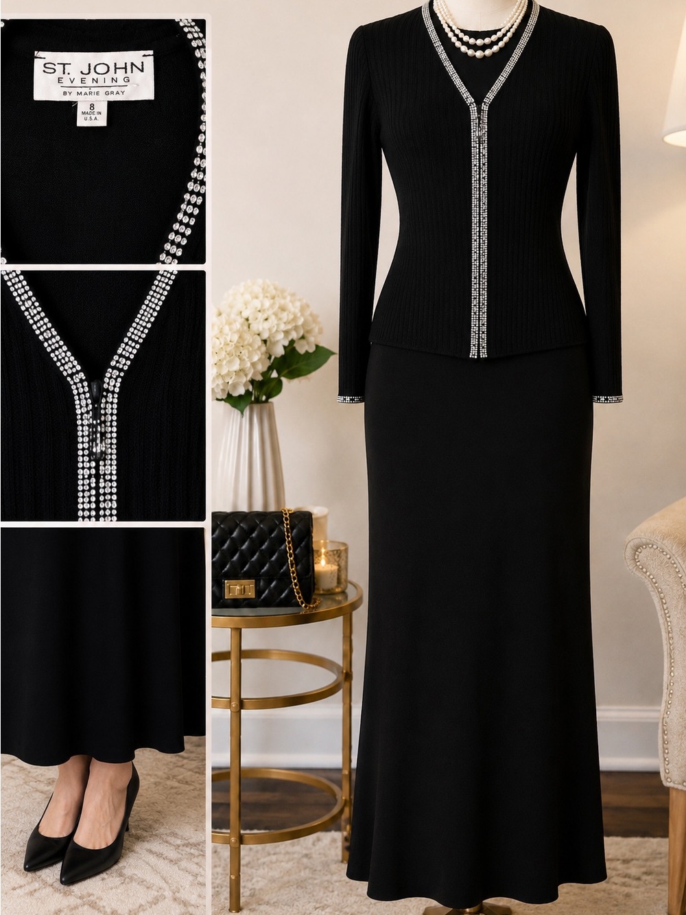 St. John Evening Black Beaded Trim Knit Jacket & Skirt Set